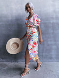 Floral Print Knot Hem Crop Top Split Thigh Skirt