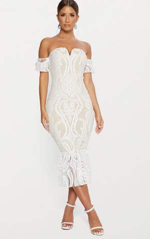 White Bardot Lace Frill Hem Midi Dress